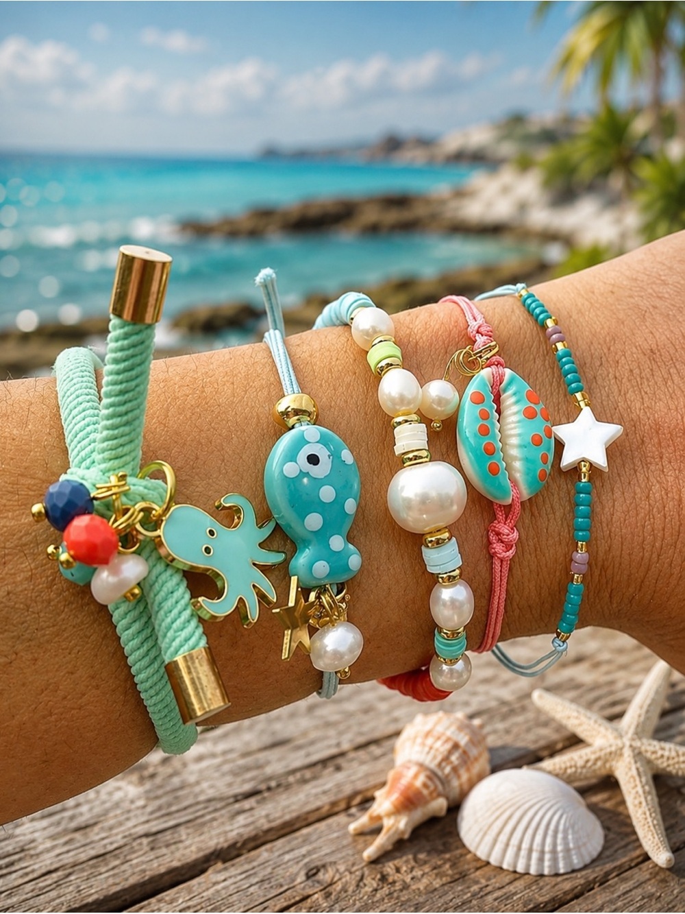 Beach Charm Bracelet Set - Turquoise Multicolor